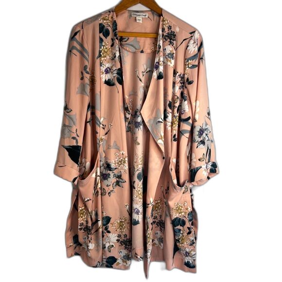 Coldwater Creek Floral Print Open Front Kimono Cardigan Pink Size PL Cottage - Picture 1 of 10
